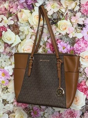 Michael Kors Brown Tan MK Signature Tote with Gold Charm